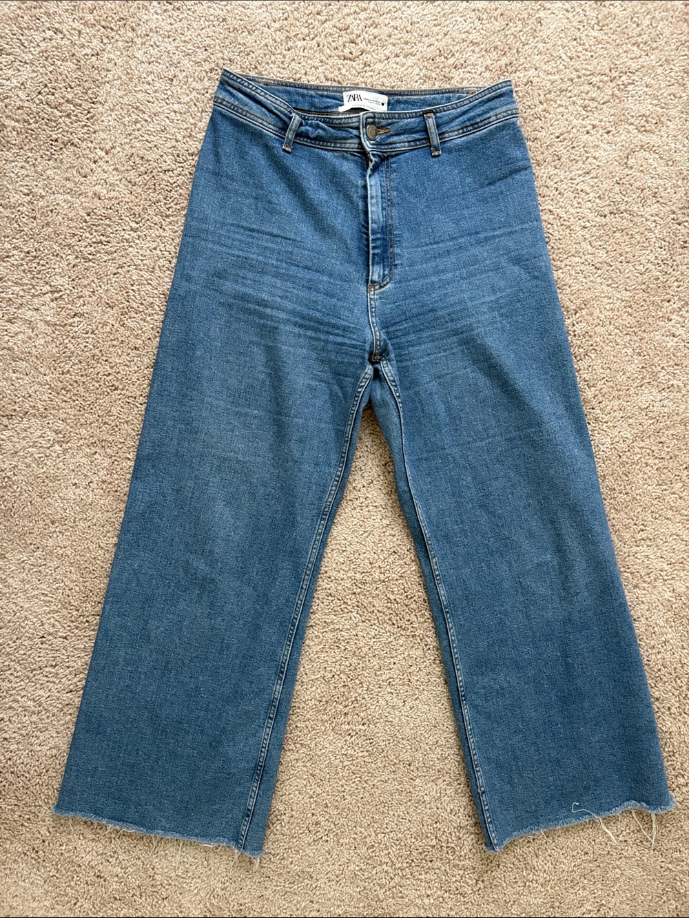 Zara High-Rise marine straight Wide-Leg Blue Denim Jeans 12